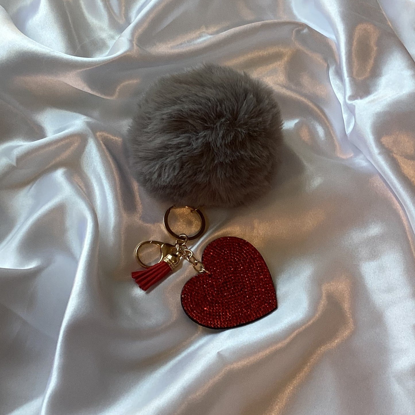 Large Pom Pom with Rhinestones Heart Keychain