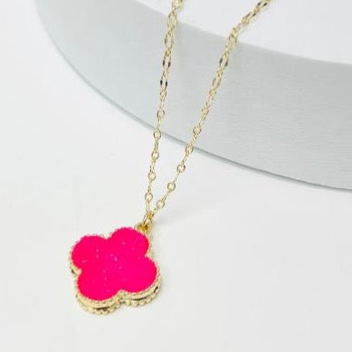 Druzy Clover Pendant Necklace- Fuchsia