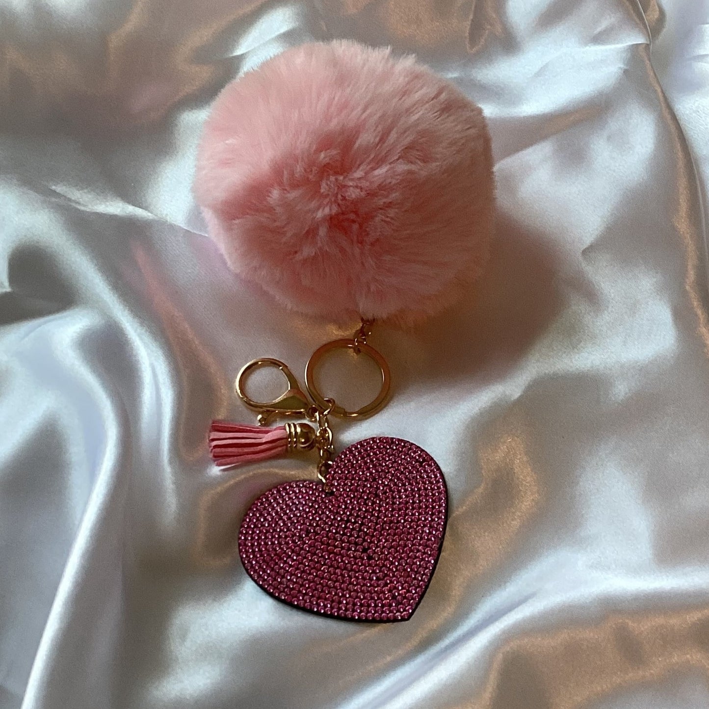 Large Pom Pom with Rhinestones Heart Keychain