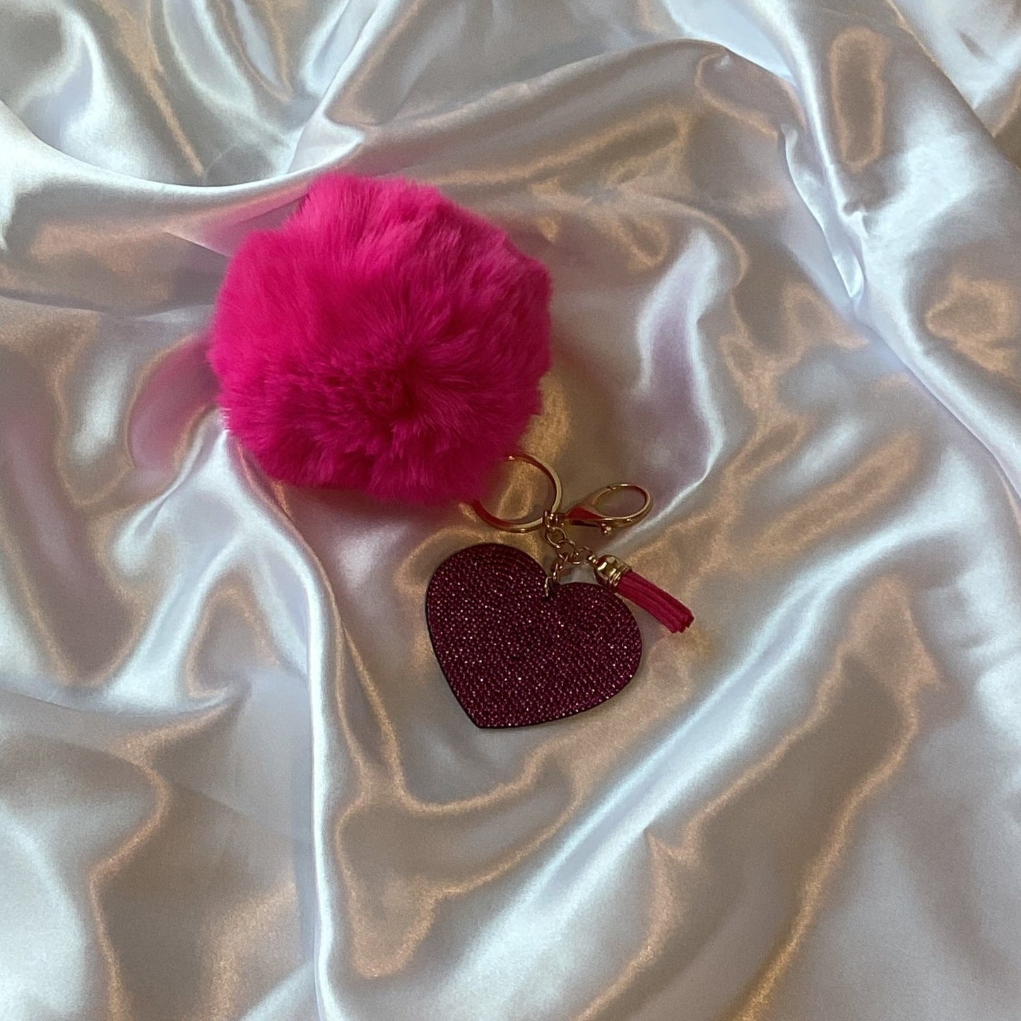 Large Pom Pom with Rhinestones Heart Keychain