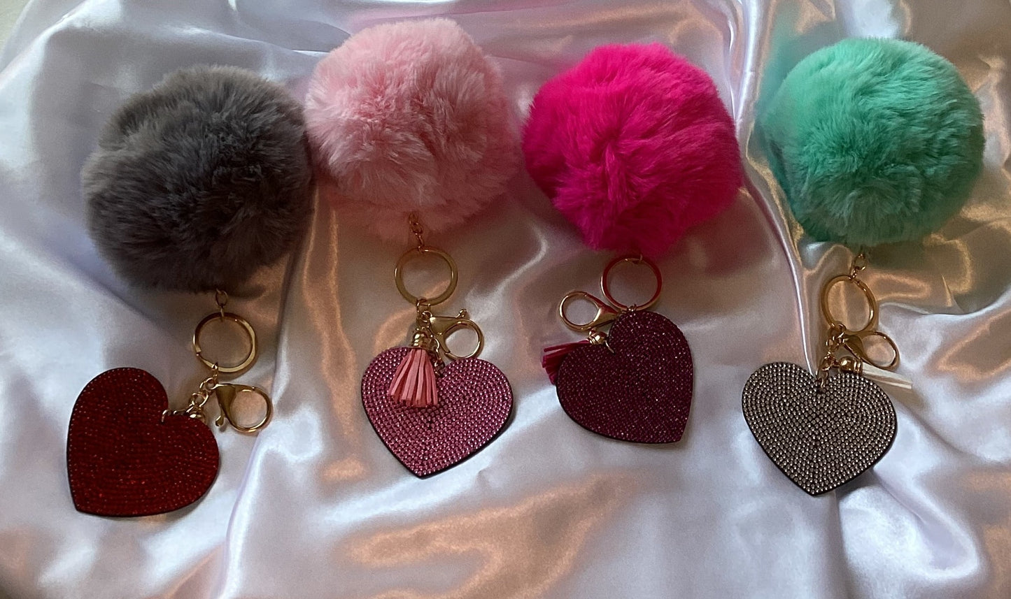 Large Pom Pom with Rhinestones Heart Keychain