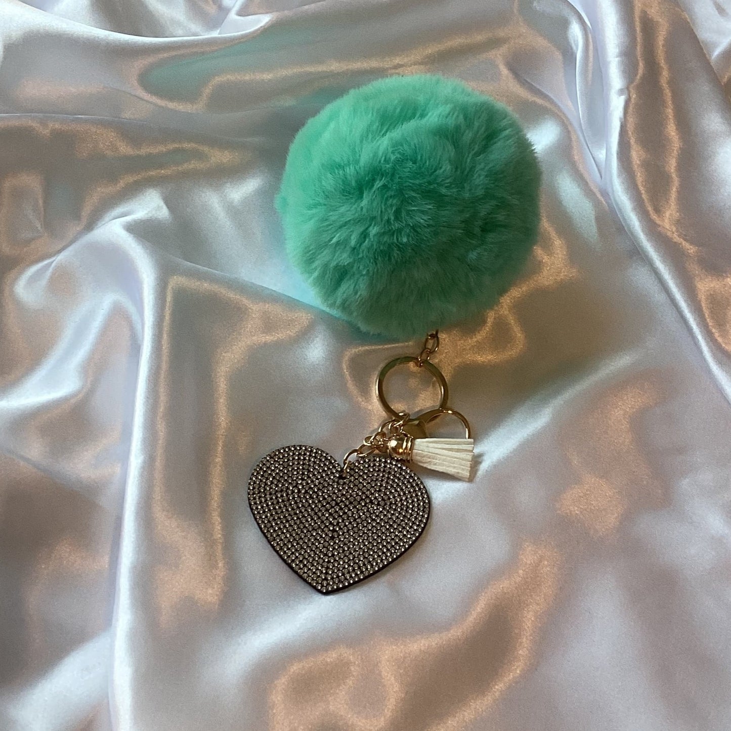 Large Pom Pom with Rhinestones Heart Keychain