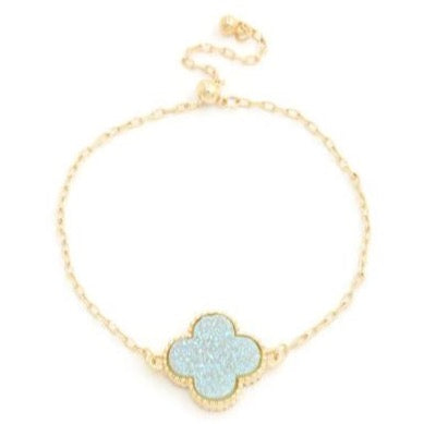 Druzy Stone Clover Charm Bracelet- Powder Blue/Gold