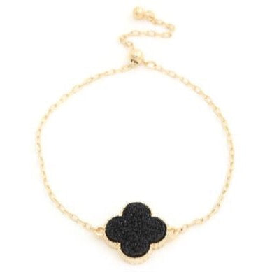 Druzy Stone Clover Charm Bracelet- Black/Gold