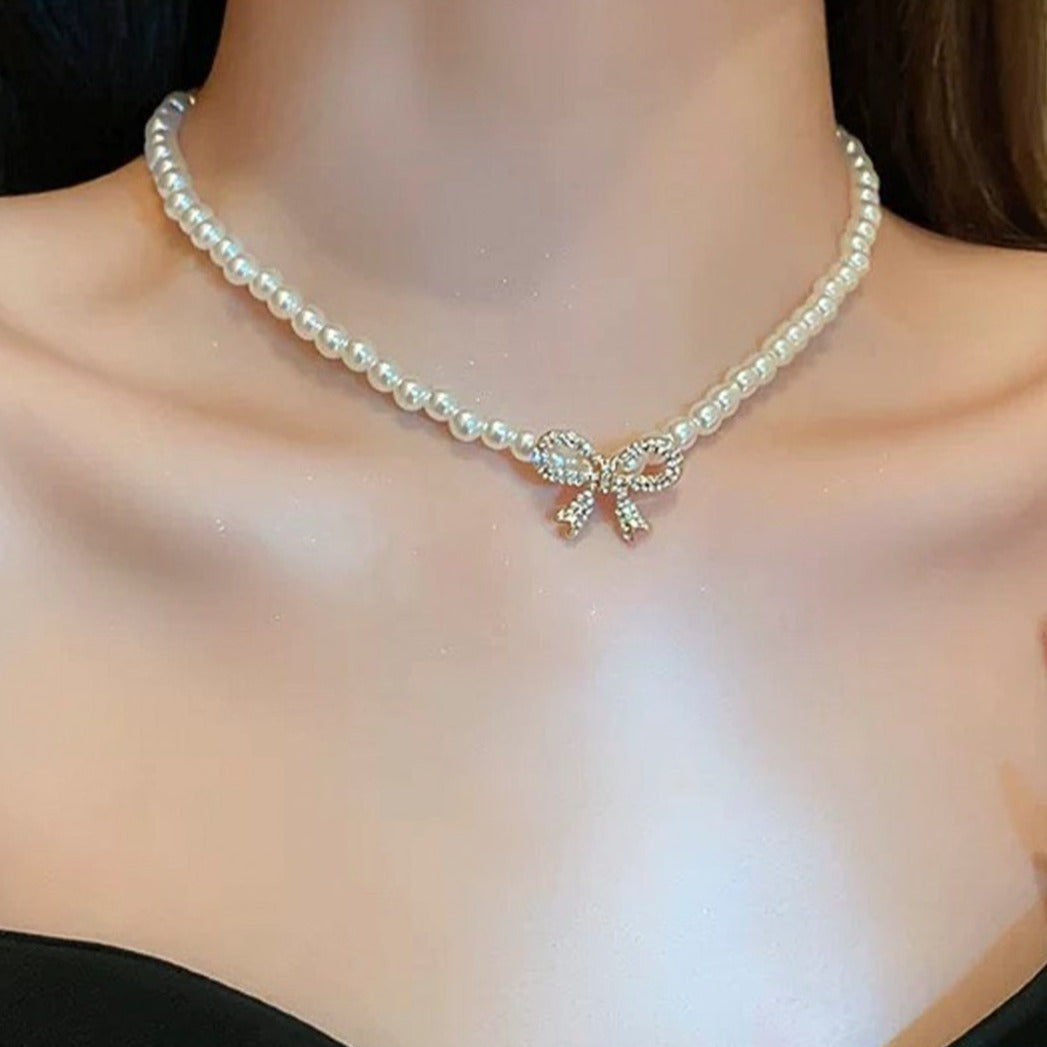 Pearl Short Necklace- Gold Ribbon Bow