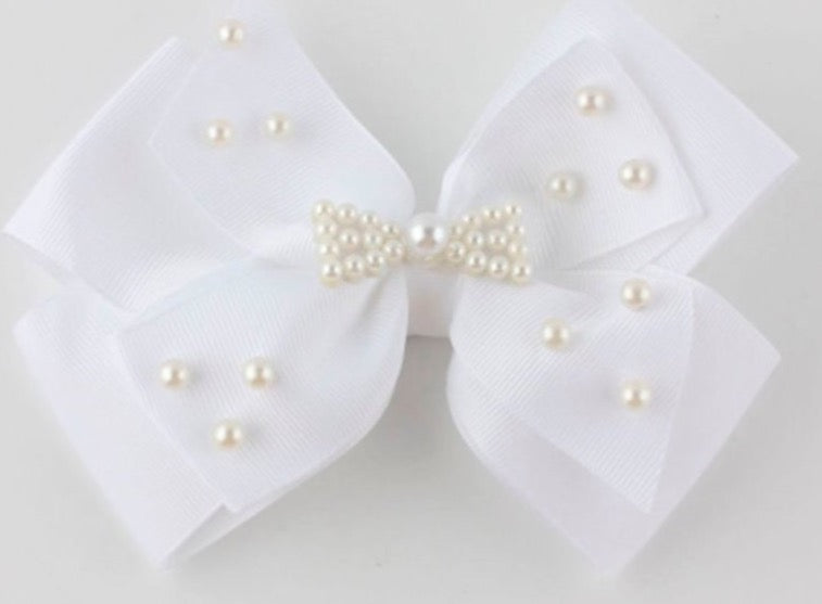 Ribbon Pearl Hair Bow- White