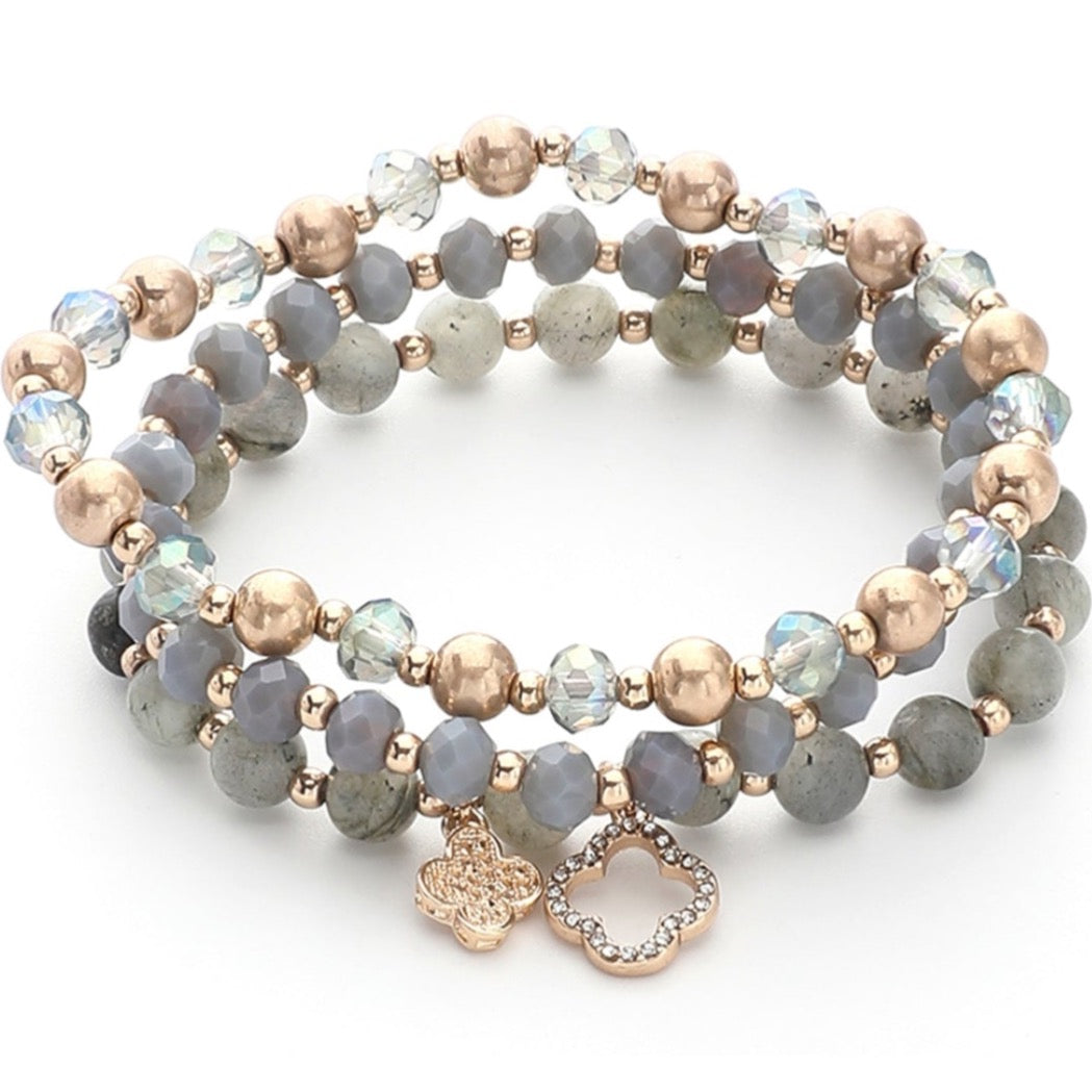 Janine Clover Charm Stretch Bracelet-Grey