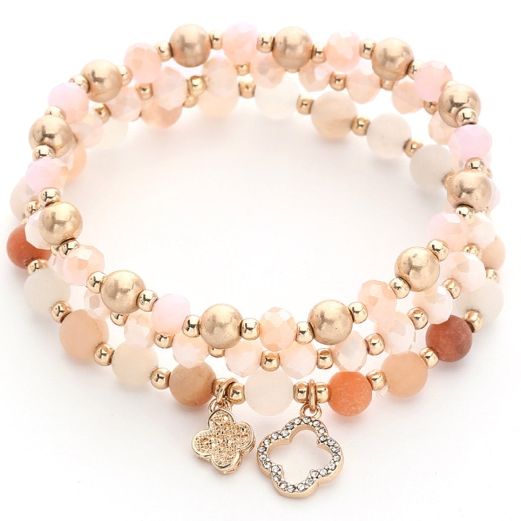 Janine Clover Charm Stretch Bracelet- Pink