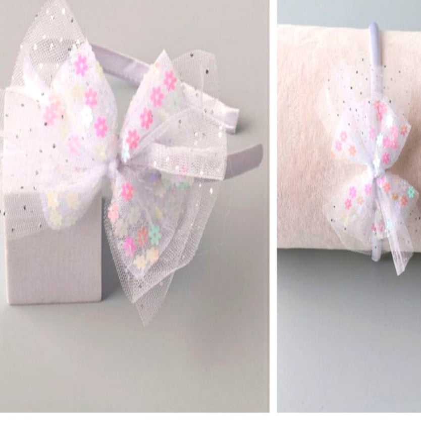 Flower Sequin Bow HeadBand-White/Silver Multi