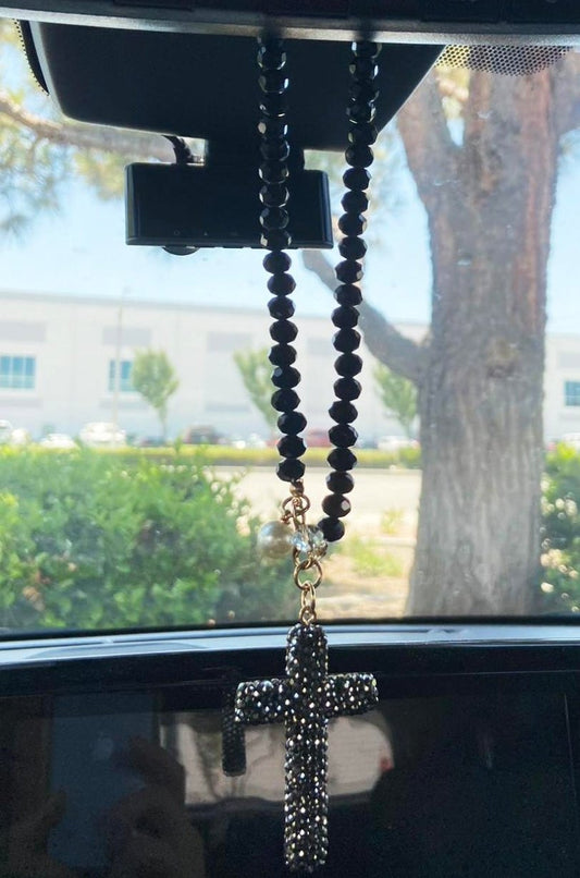 Rhinestone "Cross Car Charm" Black